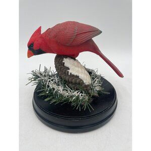 Red Cardinal Figurine On Snowy Pinecone Base Greenery Accents Hand-Painted